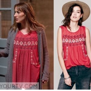 Free People Boho Top Linen Viscose embroidered Red Sleeveless Tunic
